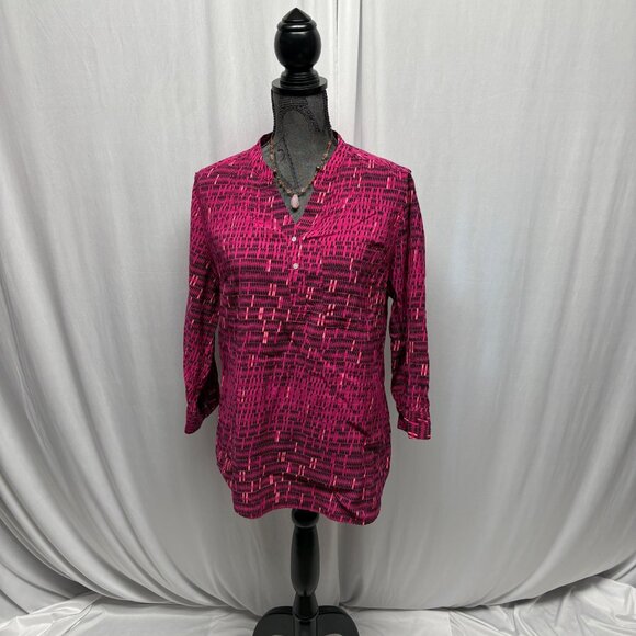 ANA Womens V-Neck Top Womens Size Large Fuchsia Black Patterned Colorful Casual - Picture 1 of 8